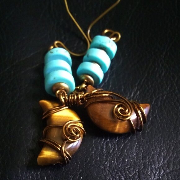Wire Wrapped Tigereye Moon + Turquoise Howlite ~ One-of-a-kind Dangle Earrings - Picture 4 of 13